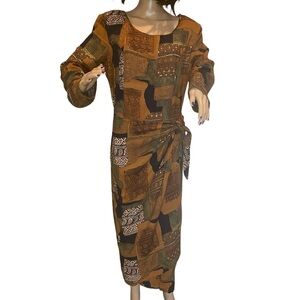 Leslie Lucks Long Vintage Faux Wrap Side Tie Long Sleeved Print Dress Sz 8? VGC